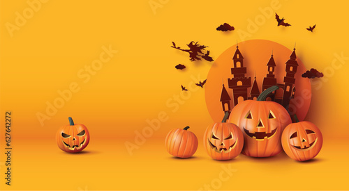 Paper cut art Happy Halloween greeting banner