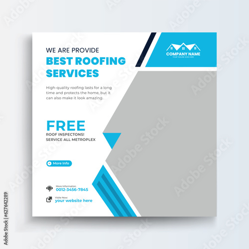 Roofing Social Media Post Roof repair, worker replacing gray tiles or shingles on house with blue sky as background and copy space, Roofing - construction worker