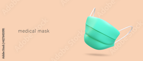 3D medical disposable mask. Respiratory protective device. Doctor, patient accessory. Hygiene promotion. Epidemic prevention. Vector banner with place for text