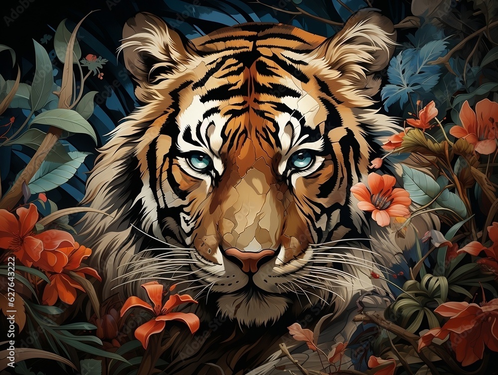 Tiger hidden among the trees in the jungle generative ai Tiger hidden among the trees in the jungle generative ai