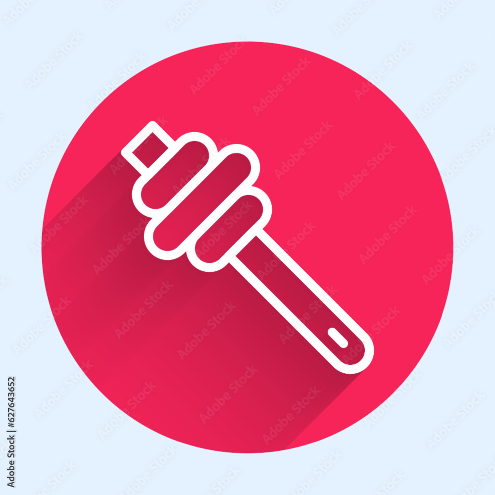 White line Honey dipper stick icon isolated with long shadow background. Honey ladle. Red circle button. Vector White line Honey dipper stick icon isolated with long shadow background. Honey ladle. Red circle button. Vector