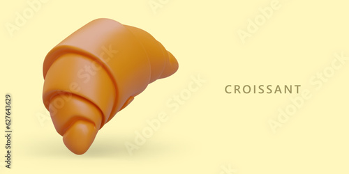 Realistic croissant on yellow background. Classic French pastry. Delicious breakfast. Vector concept for collection of recipes. Bakery sign. Banner for grocery store