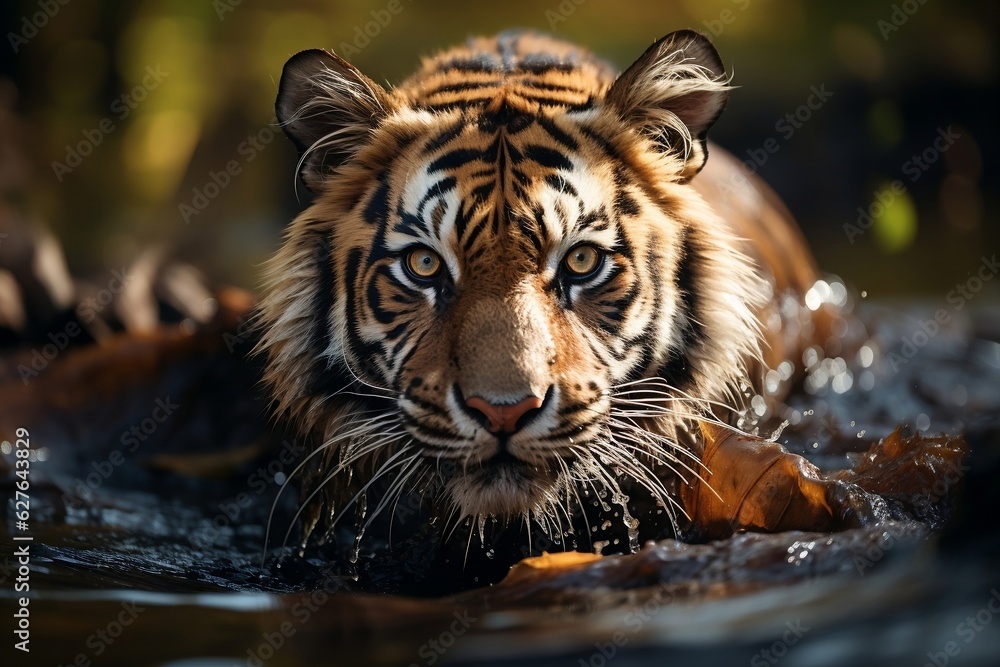Adventurous Amur Tiger Splashing in Siberian Water. Generative AI