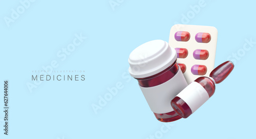 3d medicine ampule, jar with drug and blister pack with pills. Different medicines concept. Advertising campaign for pharmacy store. Vector illustration with blue background