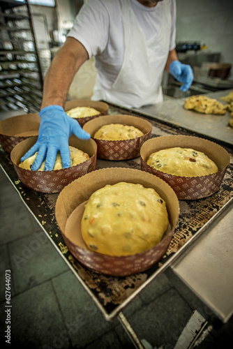 Workers work in the production line of an industry of bread, cakes and panettones in Sicily.