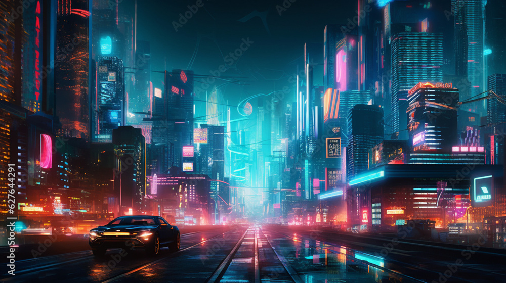 Neon-Großstadt: Abstraktes Hintergrundbild mit einem Auto in einer modernen leuchtenden Großstadt bei Nacht - neon