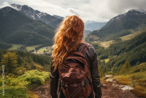 Adventurous Sportive Girl hiking at a Mountains. Generative AI