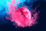 A bright blue planet covered by pink smoke on a red background