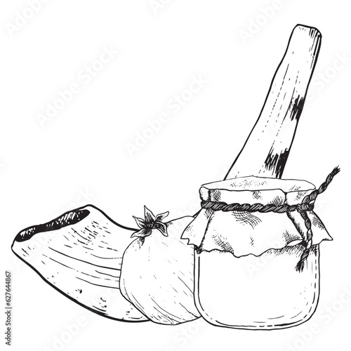 Rosh Hashanah symbols horizontal greeting banner with honey jar, shofar horn and pomegranate vector black and white illustration