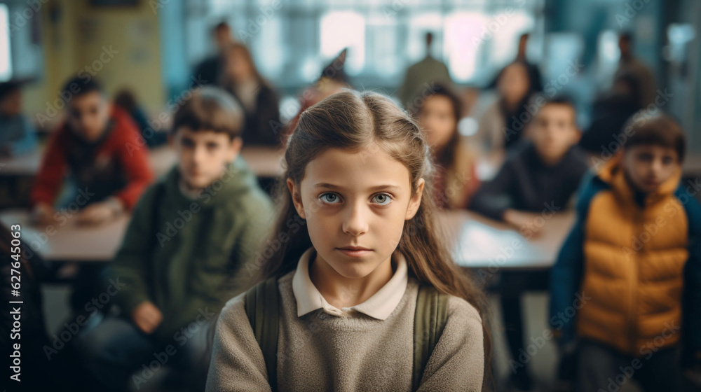 Serious-looking child student looking at the camera. other children students are in the background. Generative AI. Serious-looking child student looking at the camera. other children students are in the background. Generative AI.