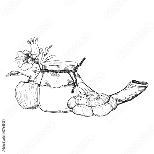 Shana Tova Rosh Hashanah symbols horizontal greeting banner with honey jar, shofar horn, round challah, apple and pomegranate flowers vector illustration for Jewish New Year