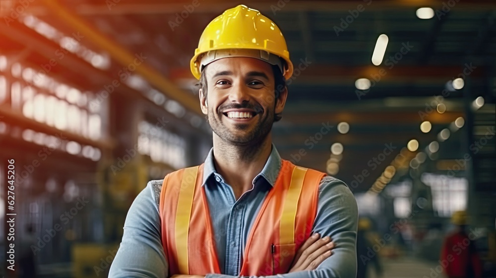 smiling male worker in a hardhat standing at a construction site smiling male worker in a hardhat standing at a construction site