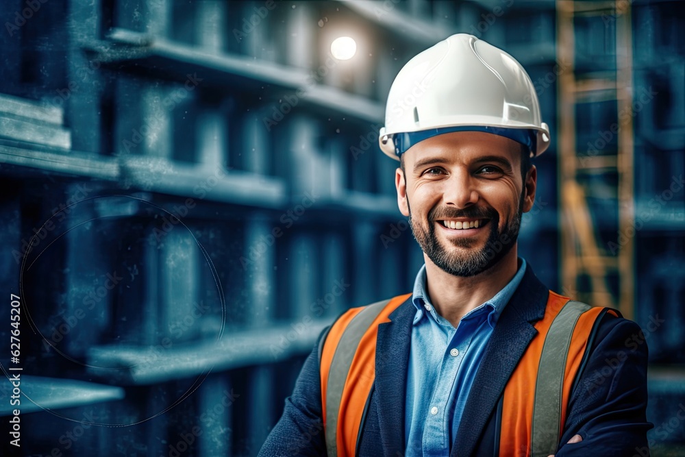 smiling male worker in a hardhat standing at a construction site smiling male worker in a hardhat standing at a construction site