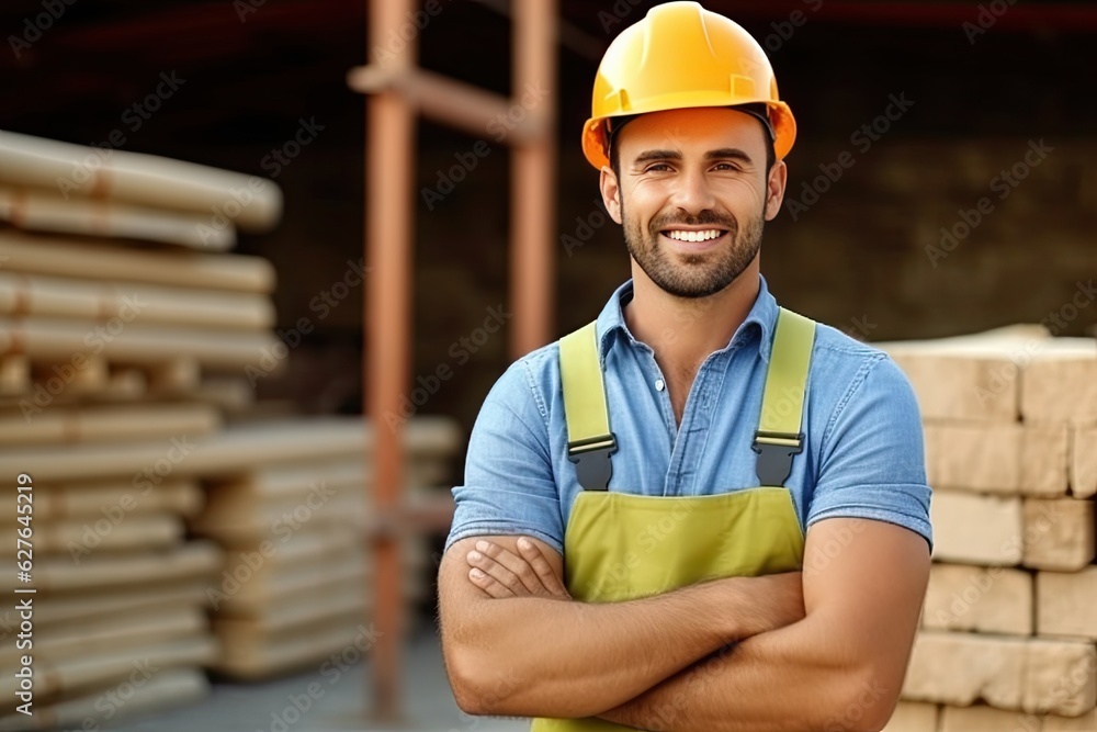 smiling male worker in a hardhat standing at a construction site smiling male worker in a hardhat standing at a construction site
