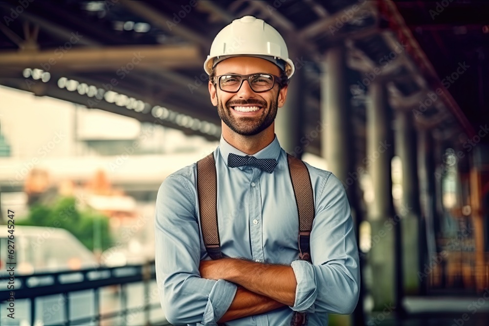 smiling male worker in a hardhat standing at a construction site smiling male worker in a hardhat standing at a construction site