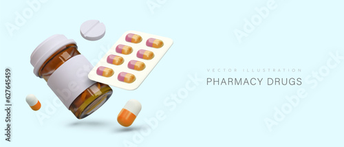 3d realistic jar, round pills and medicine in capsules. Concept of pharmacy drugs. Medical web poster with place for text. Prescribing medications. Vector illustration with blue background photo