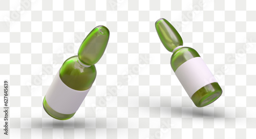 Realistic green glass ampoules. Packaging for dispensing liquid drugs with clear label. Medicines for injections, vaccinations. Set of isolated vector templates