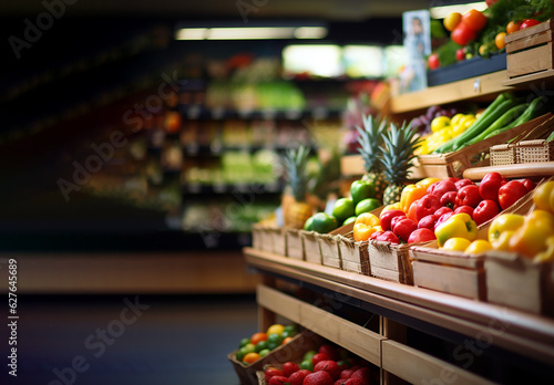 Supermarket zone with verious fresh organic vegetables and fruits on shelf or showcase. Farmers market. Healthy food concept. Vitamins and minerals in fresh vegetables, fruits. Copy space for mockup
