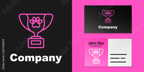 Pink line Pet award symbol icon isolated on black background. Medal with dog footprint as pets exhibition winner concept. Logo design template element. Vector
