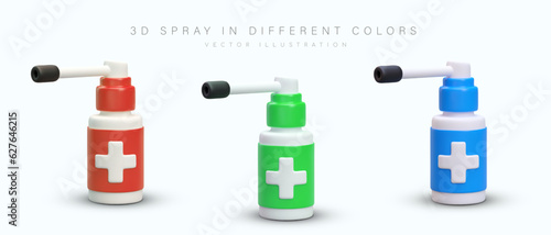 3D mouth and throat spray. Medical aerosol in bottle with long nozzle. Oral medicines for acute respiratory viral and bacterial infections. Set of containers of different colors
