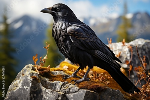 Raven Perched Bird with Open Beak on Stone. Generative AI