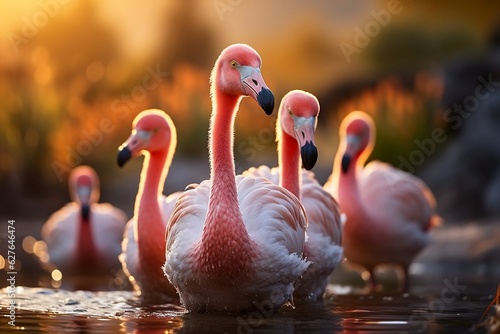 Chilean Flamingos phoenicopterus chilensis. Generative AI photo
