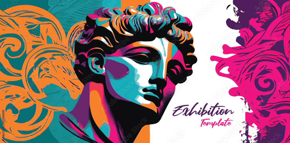 Exhibition poster or banner template. Art objects. Classical and contemporary painting, sculpture and music. Hand vector illustrations, plaster bust, statues and abstract shapes, spots and lines. Exhibition poster or banner template. Art objects. Classical and contemporary painting, sculpture and music. Hand vector illustrations, plaster bust, statues and abstract shapes, spots and lines.