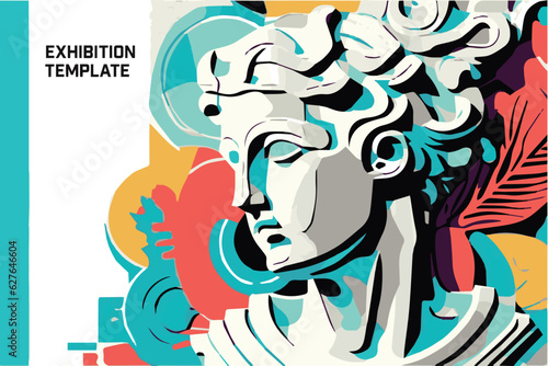 Exhibition poster or banner template. Art objects. Classical and contemporary painting, sculpture and music. Hand vector illustrations, plaster bust, statues and abstract shapes, spots and lines. 