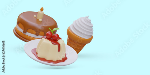 3D decorated cold summer desserts. Ice cream, cake, panna cotta. Floating objects on blue background. Sweets for summer holiday. Place for logo, slogan, offer