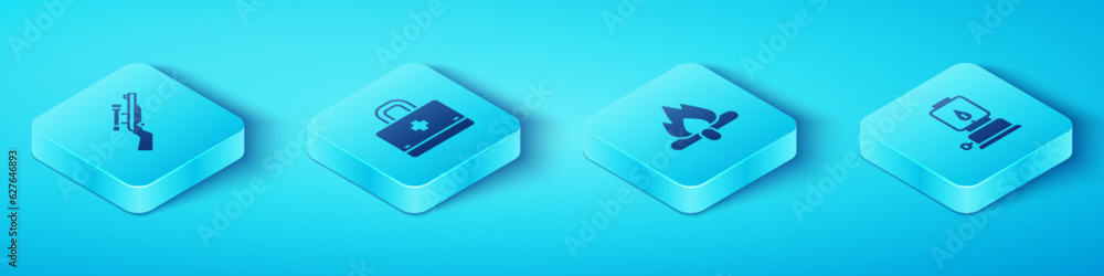 Set Isometric Sniper rifle with scope, First aid kit, Camping lantern and Campfire icon. Vector Set Isometric Sniper rifle with scope, First aid kit, Camping lantern and Campfire icon. Vector