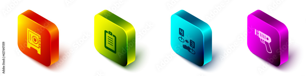 Set Isometric Safe, Police report, Marker of crime scene and electric shocker icon. Vector