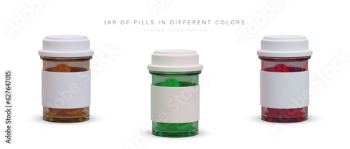 Set of realistic jars with pills. Packaging with blank labels. Mini glass bottles with lids for dosing medicines, drugs. Set of vector icons of different colors