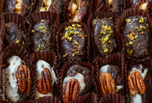 Dates covered in chocolate and filled with nuts, background