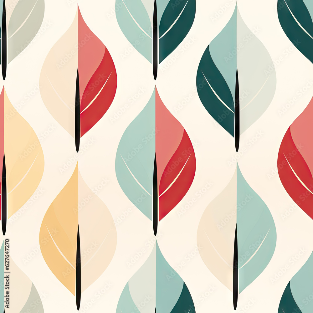 Сaptivating and contemporary seamless pattern design showcasing minimalistic graphic leaves in various vibrant colors, creating an eye-catching and modern composition