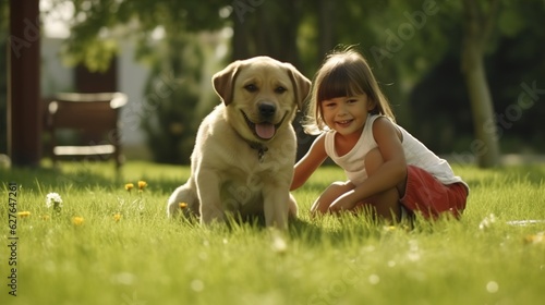 Attractive young woman with labrador outdoors. Woman on a green grass with dog labrador retriever. Generative AI