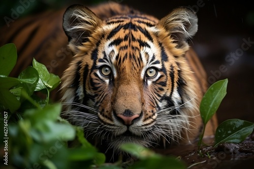 Majestic Indian Tiger in Rain. Generative AI © Haider