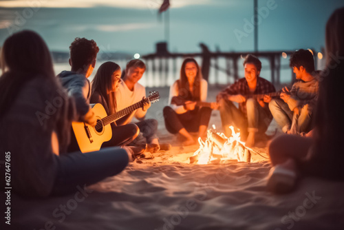 Blurred group of Friends sit around a bonfire on the beach near bonfire on a beach at night playing guitar singing songs. 


