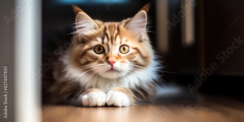 A cute young fluffy tabby cat lies in a room on a wooden floor. Nice attentive look