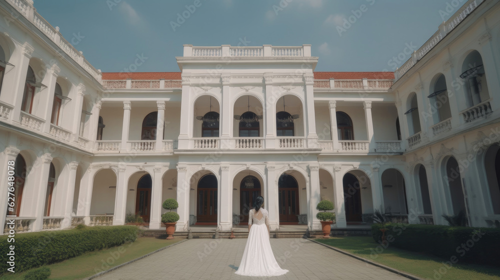 Elegant Bride Poses Gracefully Before a Grand Structure