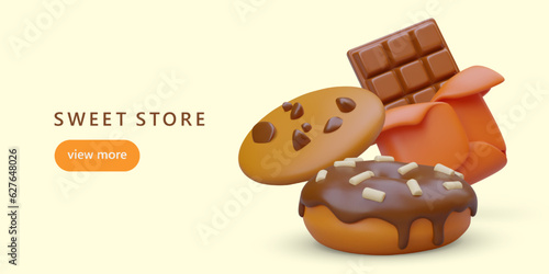 Sweet shop, confectionery. Color banner for social networks. Advertising on Internet. Sweet pastry with chocolate crumbs and glaze. 3D illustration, link button, place for text