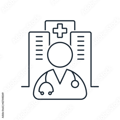 Doctor on the background of a medical institution. Medical practice, traineeship. Vector linear icon isolated on white background.