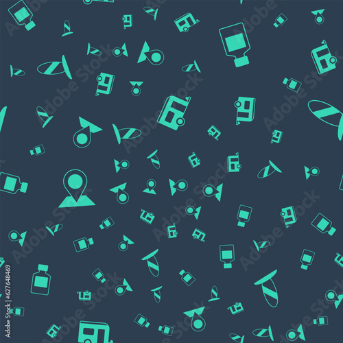Set Rv Camping trailer, Whiskey bottle, Location and Surfboard on seamless pattern. Vector