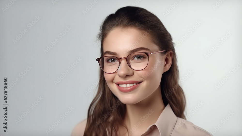 Stylish Female Model Wearing Glasses on White Background Stylish Female Model Wearing Glasses on White Background