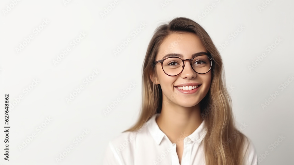 Elegant Young Woman with a Radiant Smile and Glasses