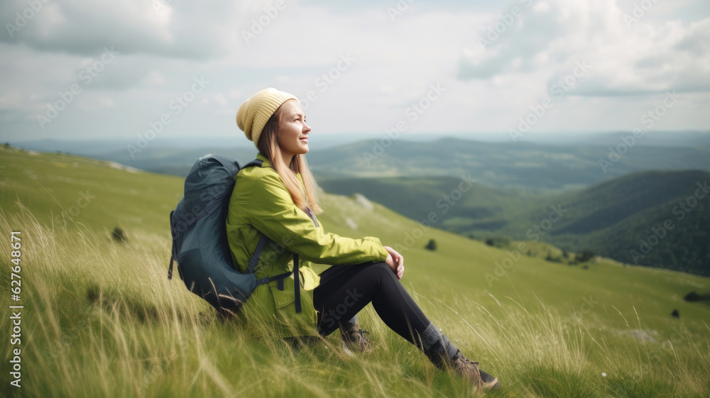 Harmony with Nature: Blissful Female Hiker Meditating