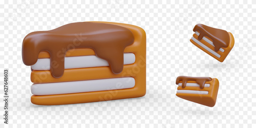 Piece of layered cake with chocolate glaze. Vector illustration in cartoon style. Color isolated image. View from top, bottom, side. Portion serving. Runny topping