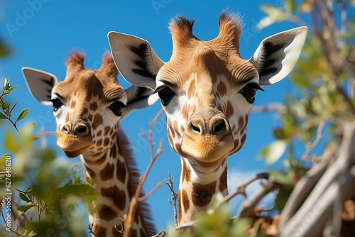 Giraffes Amidst Green with Blue Sky. Generative AI © Haider