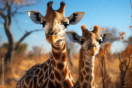 Giraffes Amidst Green with Blue Sky. Generative AI