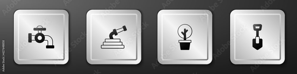 Set Water tap, Garden hose, Forest and Shovel icon. Silver square button. Vector Set Water tap, Garden hose, Forest and Shovel icon. Silver square button. Vector