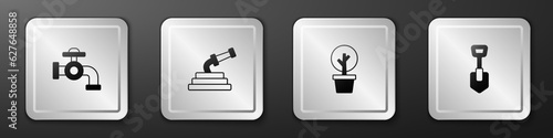 Set Water tap, Garden hose, Forest and Shovel icon. Silver square button. Vector